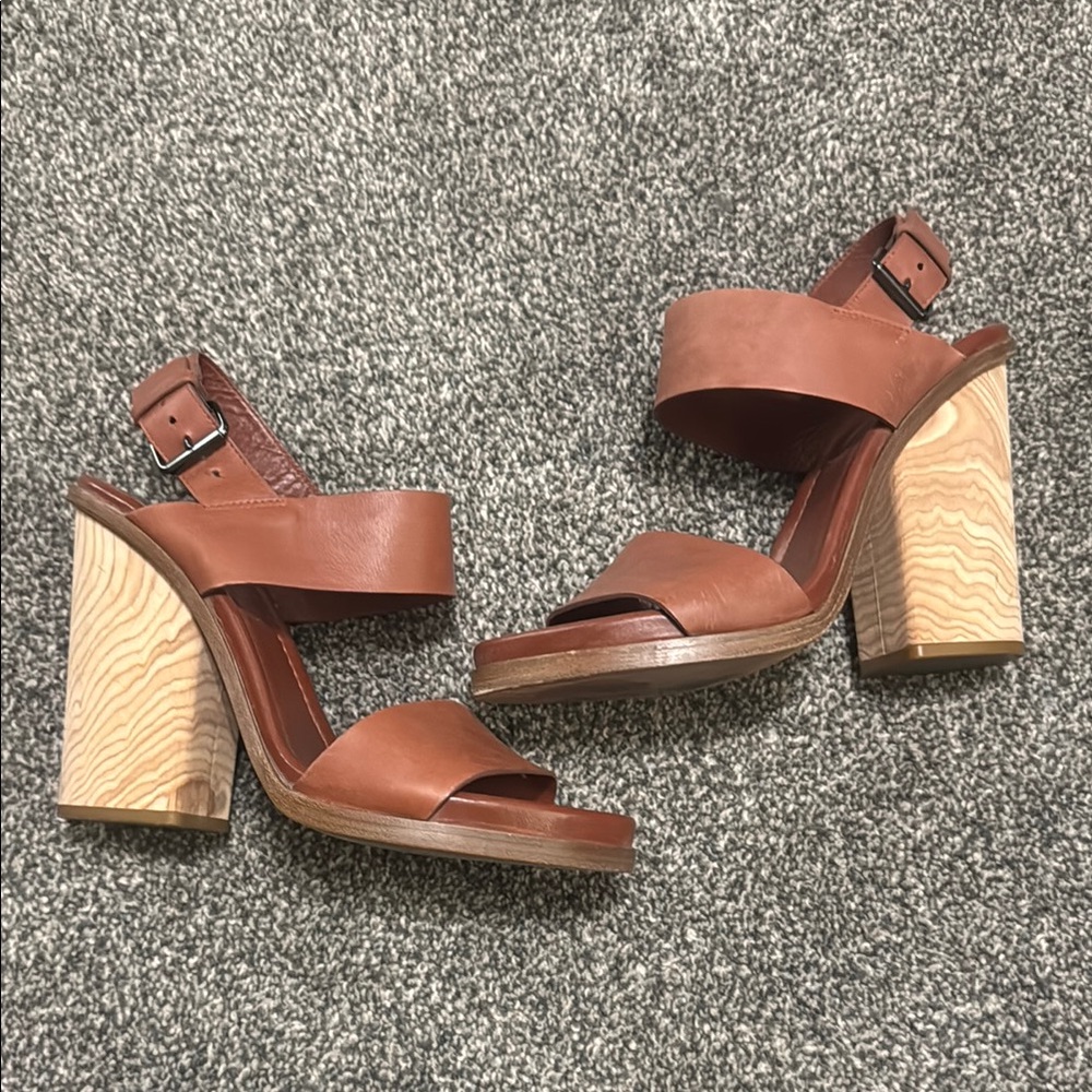 Vince Brown Cognac Leather Block Heel Sandals